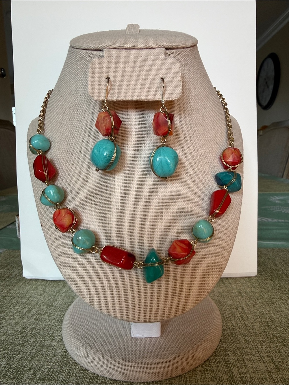 Karma Bella Multicolor Red & Turquoise Beaded Nugget Necklace & Earring Set, New